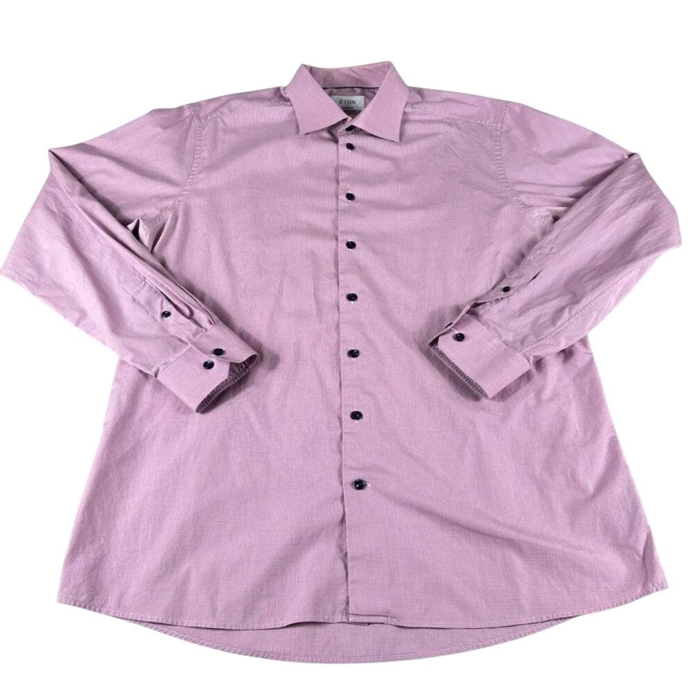 Eton Dress Shirt Mens XXL 18 46 Pink Micro Check Cotton Contemporary Long Sleeve